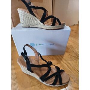 Eric Michael Lindsey Wedge Sandals Women’s 8 Black Leather